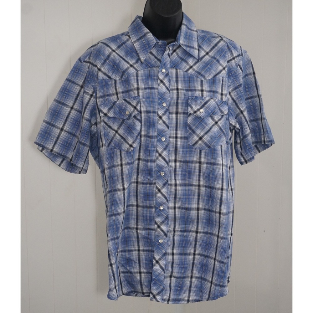 Wrangler Large Short Sleeve Blue Plaid Wrancher Western Snap Shirt